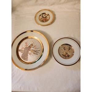 The Art Of Chokin 24 Kt‎ Gold Edge Plate Set Of 3 Birds And Flowers EUC